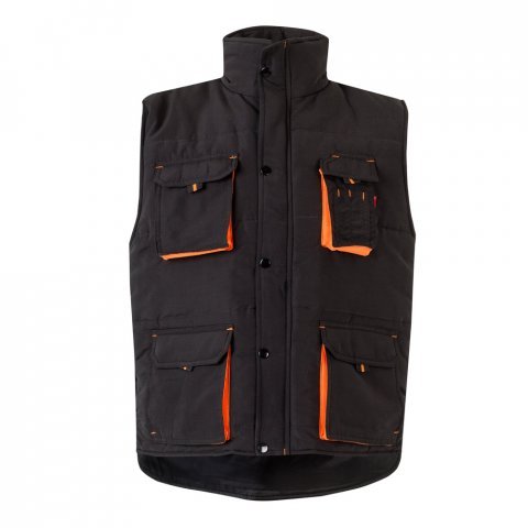 VL NERGAL. Colete acolchoado, bicolor multibolsos (120g/m&sup2;), em poli&eacute;ster (100%) - Preto/Laranja