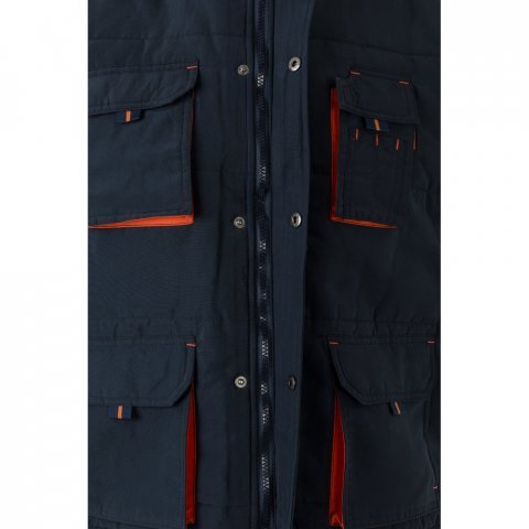 VL NERGAL. Colete acolchoado, bicolor multibolsos (120g/m&sup2;), em poli&eacute;ster (100%) - Azul marinho/Laranja
