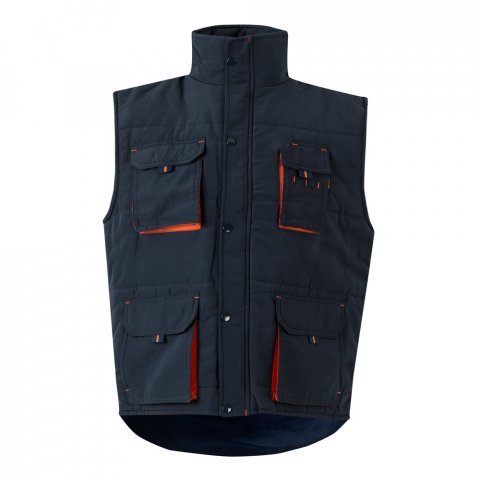 VL NERGAL. Colete acolchoado, bicolor multibolsos (120g/m&sup2;), em poli&eacute;ster (100%) - Azul marinho/Laranja