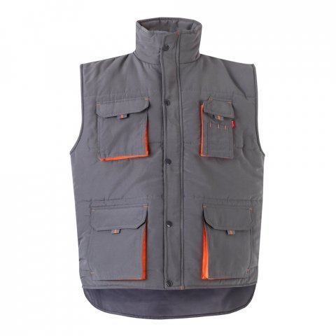 VL NERGAL. Colete acolchoado, bicolor multibolsos (120g/m&sup2;), em poli&eacute;ster (100%) - Cinzento/Laranja