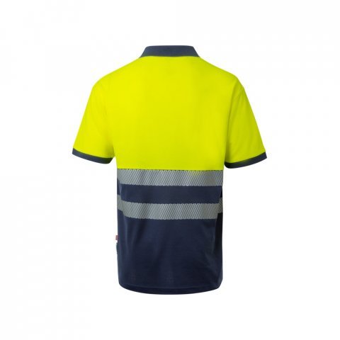VL ACHELOUS. Polo piqu&eacute; bicolore (150g/m&sup2;) &agrave; manches courtes, en coton (55%) et polyester (45%) - Bleu marine/Jaune