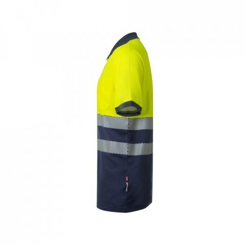 VL ACHELOUS. Polo piqu&eacute; bicolore (150g/m&sup2;) &agrave; manches courtes, en coton (55%) et polyester (45%) - Bleu marine/Jaune