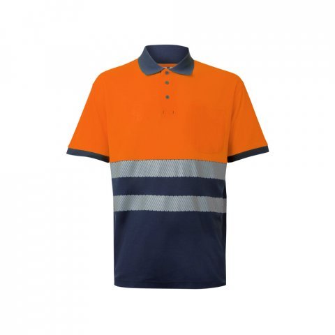 VL ACHELOUS. Polo piqu&eacute; bicolore (150g/m&sup2;) &agrave; manches courtes, en coton (55%) et polyester (45%) - Bleu marine/Orange