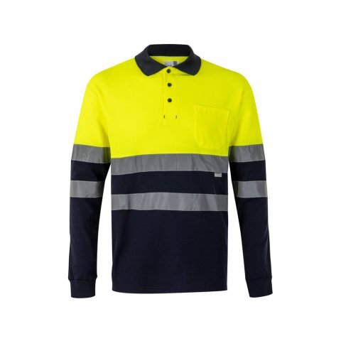 VL PLUTO LARGE. Polo bicolor piqu&eacute; (150g/m&sup2;) de manga comprida, em algod&atilde;o (55%) e  poli&eacute;ster (45%) - Azul marinho/Amarelo