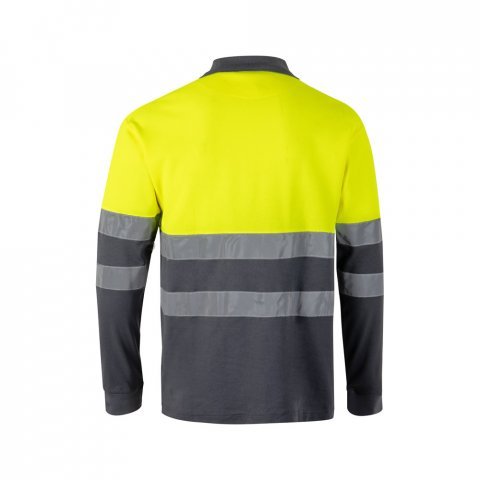 VL PLUTO LARGE. Polo bicolor piqu&eacute; (150g/m&sup2;) de manga comprida, em algod&atilde;o (55%) e  poli&eacute;ster (45%) - Cinzento/Amarelo