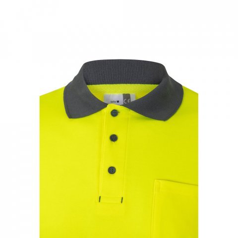 VL PLUTO LARGE. Polo bicolor piqu&eacute; (150g/m&sup2;) de manga comprida, em algod&atilde;o (55%) e  poli&eacute;ster (45%) - Cinzento/Amarelo