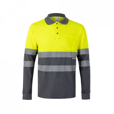 VL PLUTO LARGE. Polo bicolor piqu&eacute; (150g/m&sup2;) de manga comprida, em algod&atilde;o (55%) e  poli&eacute;ster (45%) - Cinzento/Amarelo