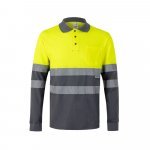 VL PLUTO LARGE. Polo bicolor piqu&eacute; (150g/m&sup2;) de manga comprida, em algod&atilde;o (55%) e  poli&eacute;ster (45%) - Cinzento/Amarelo
