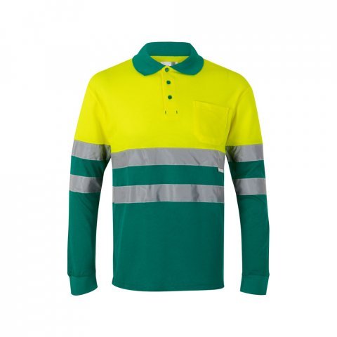 VL PLUTO LARGE. Polo bicolor piqu&eacute; (150g/m&sup2;) de manga comprida, em algod&atilde;o (55%) e  poli&eacute;ster (45%) - Verde/Amarelo