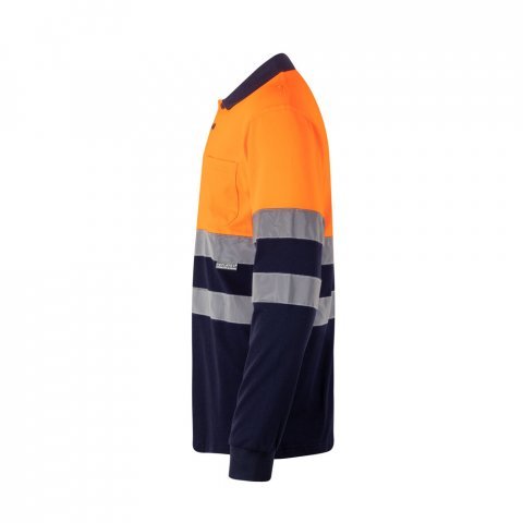 VL PLUTO LARGE. Polo bicolor piqu&eacute; (150g/m&sup2;) de manga comprida, em algod&atilde;o (55%) e  poli&eacute;ster (45%) - Azul marinho/Laranja