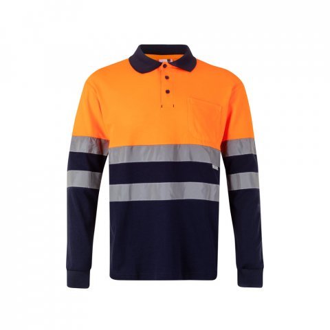 VL PLUTO LARGE. Polo bicolor piqu&eacute; (150g/m&sup2;) de manga comprida, em algod&atilde;o (55%) e  poli&eacute;ster (45%) - Azul marinho/Laranja