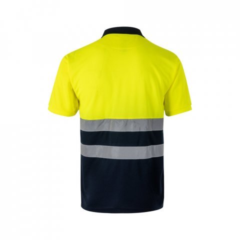 VL FORTUNA. Polo Bird-eye (140g/m&sup2;) &agrave; manches courtes, en polyester (100%) - Bleu marine/Jaune