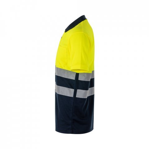 VL FORTUNA. Polo Bird-eye (140g/m&sup2;) &agrave; manches courtes, en polyester (100%) - Bleu marine/Jaune