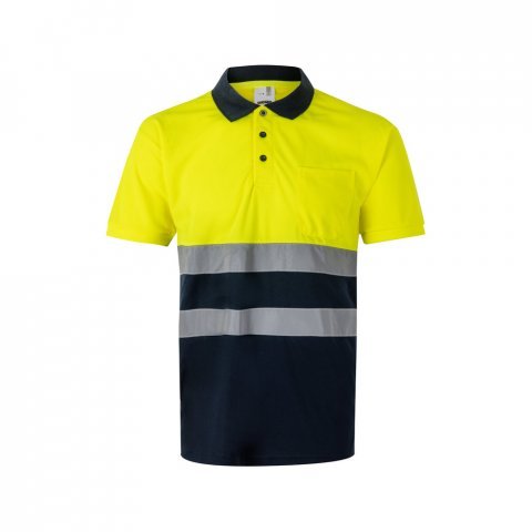 VL FORTUNA. Polo Bird-eye (140g/m&sup2;) &agrave; manches courtes, en polyester (100%) - Bleu marine/Jaune