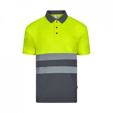 VL FORTUNA. Polo Bird-eye (140g/m&sup2;) &agrave; manches courtes, en polyester (100%) - Gris/Jaune