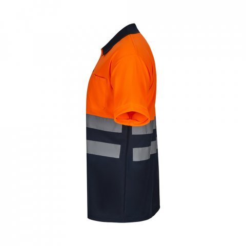 VL FORTUNA. Polo Bird-eye (140g/m&sup2;) &agrave; manches courtes, en polyester (100%) - Bleu marine/Orange