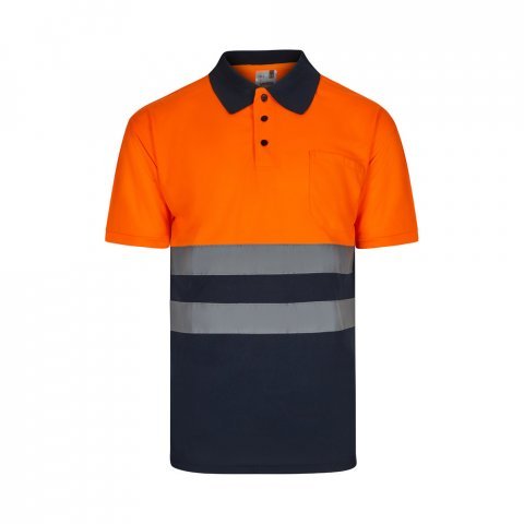 VL FORTUNA. Polo Bird-eye (140g/m&sup2;) &agrave; manches courtes, en polyester (100%) - Bleu marine/Orange