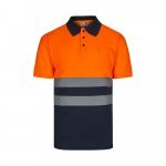 VL FORTUNA. Polo Bird-eye (140g/m&sup2;) &agrave; manches courtes, en polyester (100%) - Bleu marine/Orange