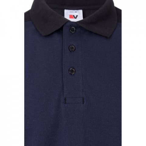 VL VELES. Polo piqu&eacute; bicolore stretch (200g/m&sup2;), manches courtes, en polyester (96%) et &eacute;lasthanne (4%) - Bleu