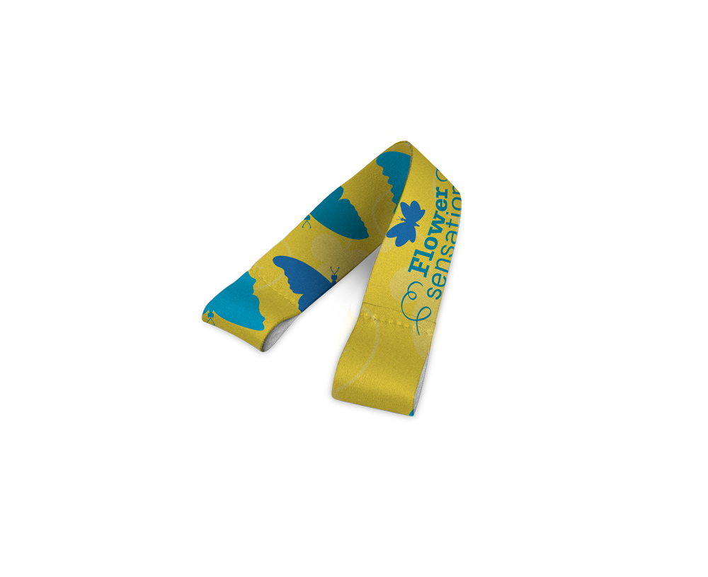 Lanyard SUBLIMATION Short Slim II Duo (15 mm) em poliéster reciclado (100% rPET), com 2 costuras, sublimação dos 2 lados e totalmente personalizável — Personalizado