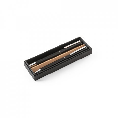 LEAH. Roller and ballpoint pen set in aluminium 94% rAL) with clip - Black