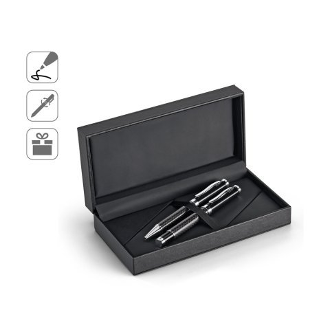 CHESS. Kit roller et stylo &agrave; bille en m&eacute;tal et fibre de carbone avec m&eacute;canisme twist