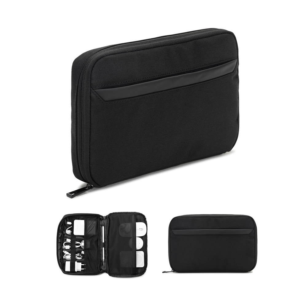 YANGON. Ampia borsa organizer per accessori tecnologici in twill con rivestimento idrorepellente e poliestere riciclato 600D