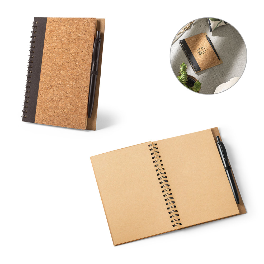 VICENTE. Block notes B6 con penna a sfera in sughero e poliestere riciclato (100% rPET)
