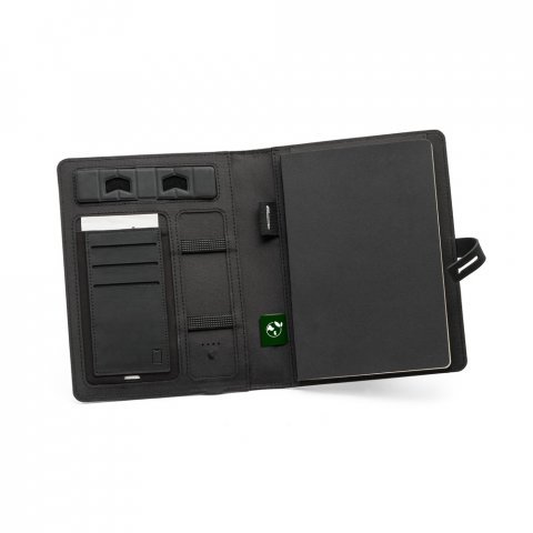 EMERGE A5 FOLDER. A5 map in gerecycled polyester (100% rPET) 300D met draadloze oplader - Zwart