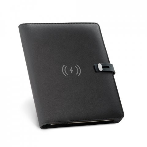 EMERGE A5 FOLDER. A5 map in gerecycled polyester (100% rPET) 300D met draadloze oplader - Zwart