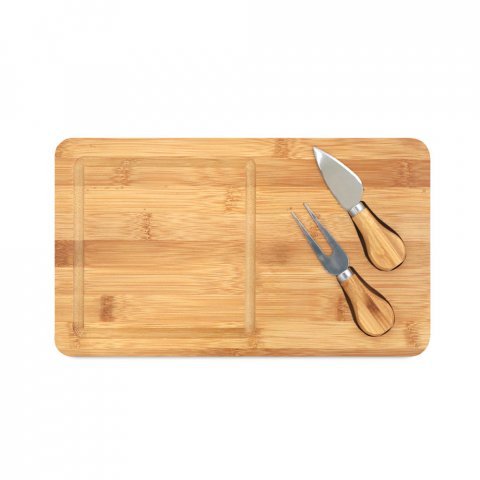 WOODS. T&aacute;bua de queijos em bambu com 2 utens&iacute;lios em bambu e a&ccedil;o inoxid&aacute;vel - Natural