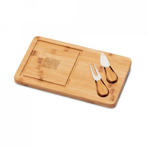 WOODS. T&aacute;bua de queijos em bambu com 2 utens&iacute;lios em bambu e a&ccedil;o inoxid&aacute;vel - Natural