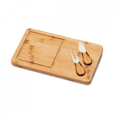 WOODS. T&aacute;bua de queijos em bambu com 2 utens&iacute;lios em bambu e a&ccedil;o inoxid&aacute;vel - Natural