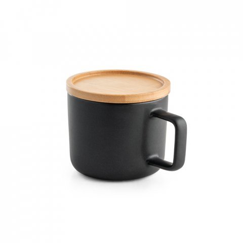 FANGIO. Cană din ceramică cu capac și bază din bambus 220 mL - Negru