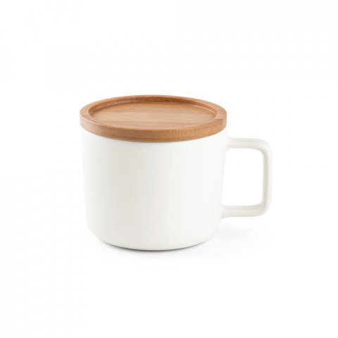 FANGIO. Cană din ceramică cu capac și bază din bambus 220 mL - Alb
