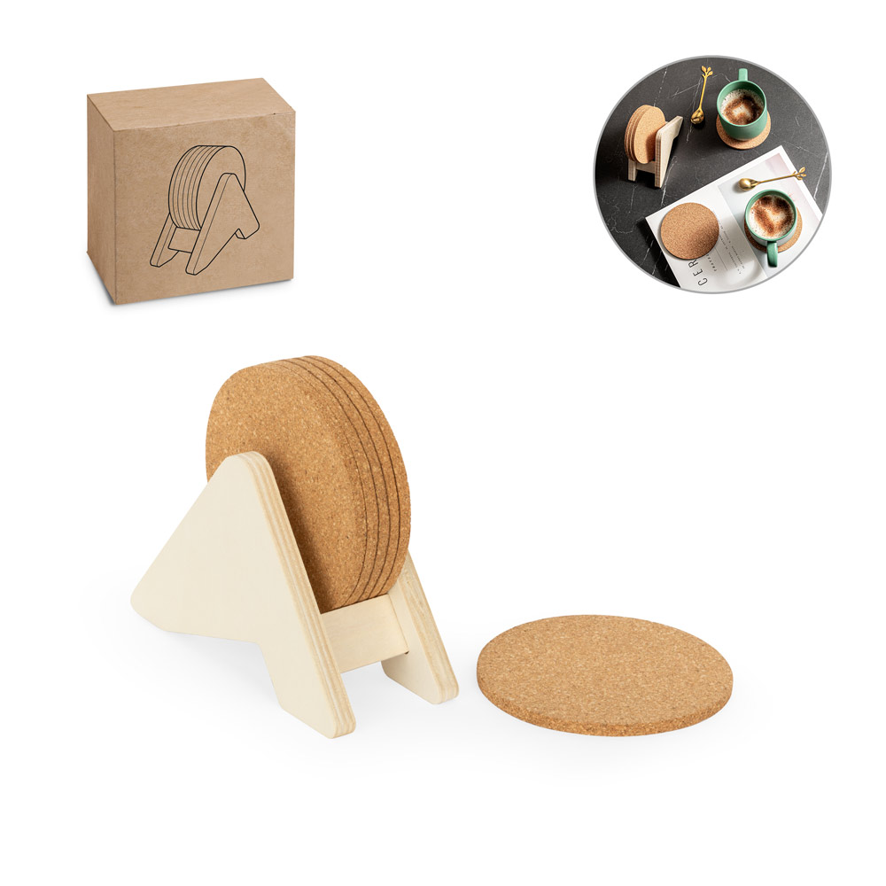 PLYCORK. Supporto in compensato con 6 sottobicchieri in sughero
