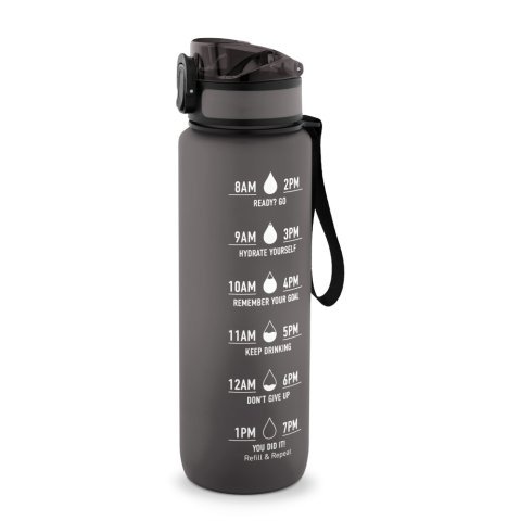 ERIKSSON. Botella fabricada en PET reciclado (100 % rPET), con frases motivadoras y marcas horarias para animarle a beber agua - Negro