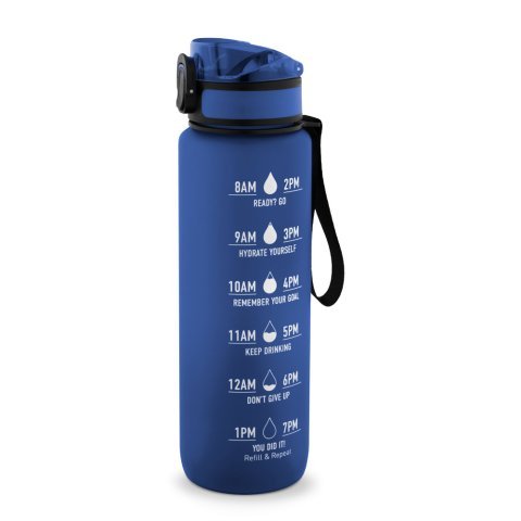 ERIKSSON. Botella fabricada en PET reciclado (100 % rPET), con frases motivadoras y marcas horarias para animarle a beber agua - Azul