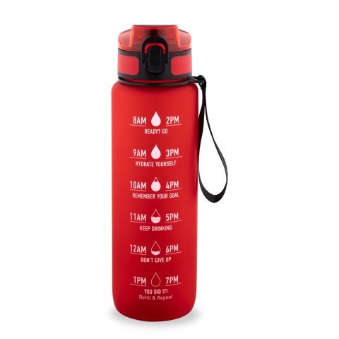 ERIKSSON. Botella fabricada en PET reciclado (100 % rPET), con frases motivadoras y marcas horarias para animarle a beber agua - Rojo
