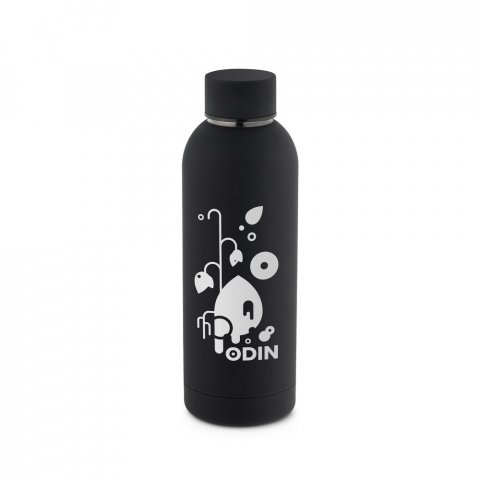 ODIN. Garrafa em a&ccedil;o inoxid&aacute;vel (36% reciclado) com acabamento em borracha 550 mL - Preto