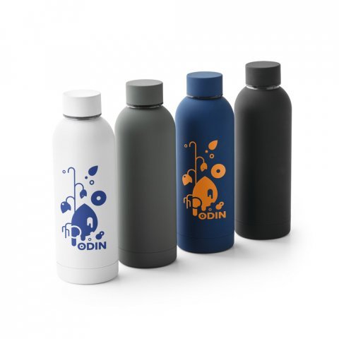 ODIN. Garrafa em a&ccedil;o inoxid&aacute;vel (36% reciclado) com acabamento em borracha 550 mL