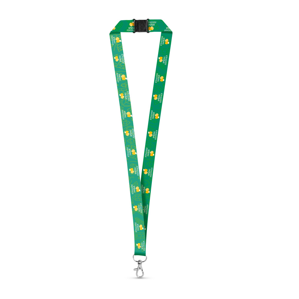 DOVER. SET Lanyard SUBLIMATION Long II (20 mm) in poliestere riciclato (100% rPET) con moschettone a leva da 20 mm e chiusura di sicurezza