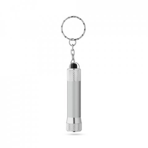 RE-LERGAN. Aluminium keyring (92% recycled) with 3-light LED torch - Satin silver