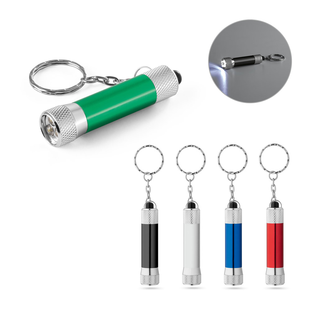 RE-LERGAN. Portachiavi in ​​alluminio (riciclato al 92%) con torcia LED a 3 luci