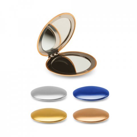 KAYLA. Espelho redondo de dupla face em alum&iacute;nio e com fecho magn&eacute;tico