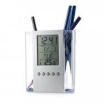 EDEM. Multifunctionele digitale bureauklok met penhouder - Satijn zilver