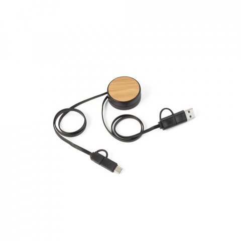 RUBINS. 6-in-1 sis&auml;&auml;nvedett&auml;v&auml; USB-kaapeli kierr&auml;tetyst&auml; ABS-muovista (100 % rABS) ja bambusta - Musta