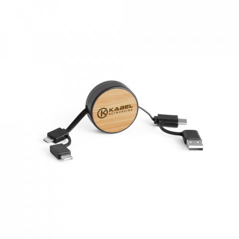 RUBINS. 6-in-1 sis&auml;&auml;nvedett&auml;v&auml; USB-kaapeli kierr&auml;tetyst&auml; ABS-muovista (100 % rABS) ja bambusta - Musta