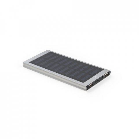 CLERK. Power bank da 8.000 mAh con pannello solare in alluminio 100% riciclato - Cromato satinato