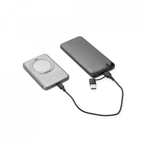 WARSHEL 5. 5.000 mAh magnetisk powerbank med 15W superhurtig tr&aring;dl&oslash;s oplader i genanvendt ABS (100 % rABS) med stander - M&oslash;rkegr&aring;